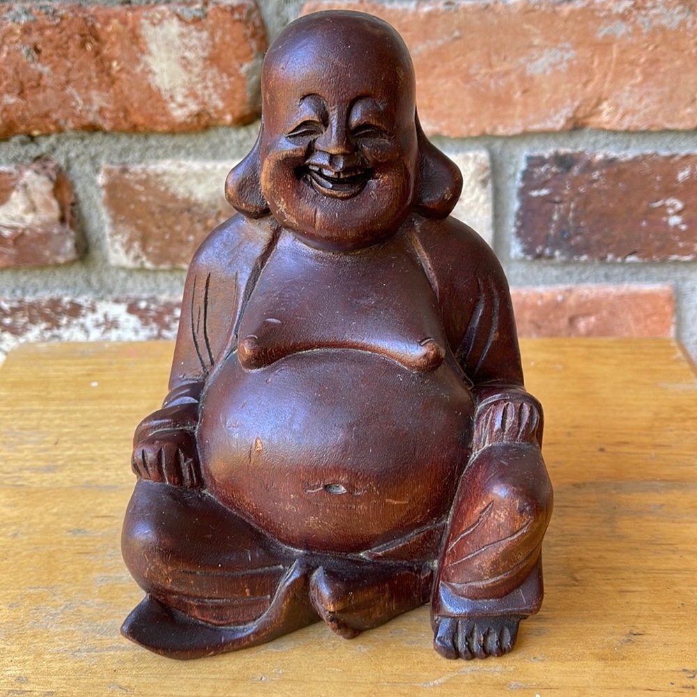 VINTAGE WOOD SITTING HAPPY BUDHA